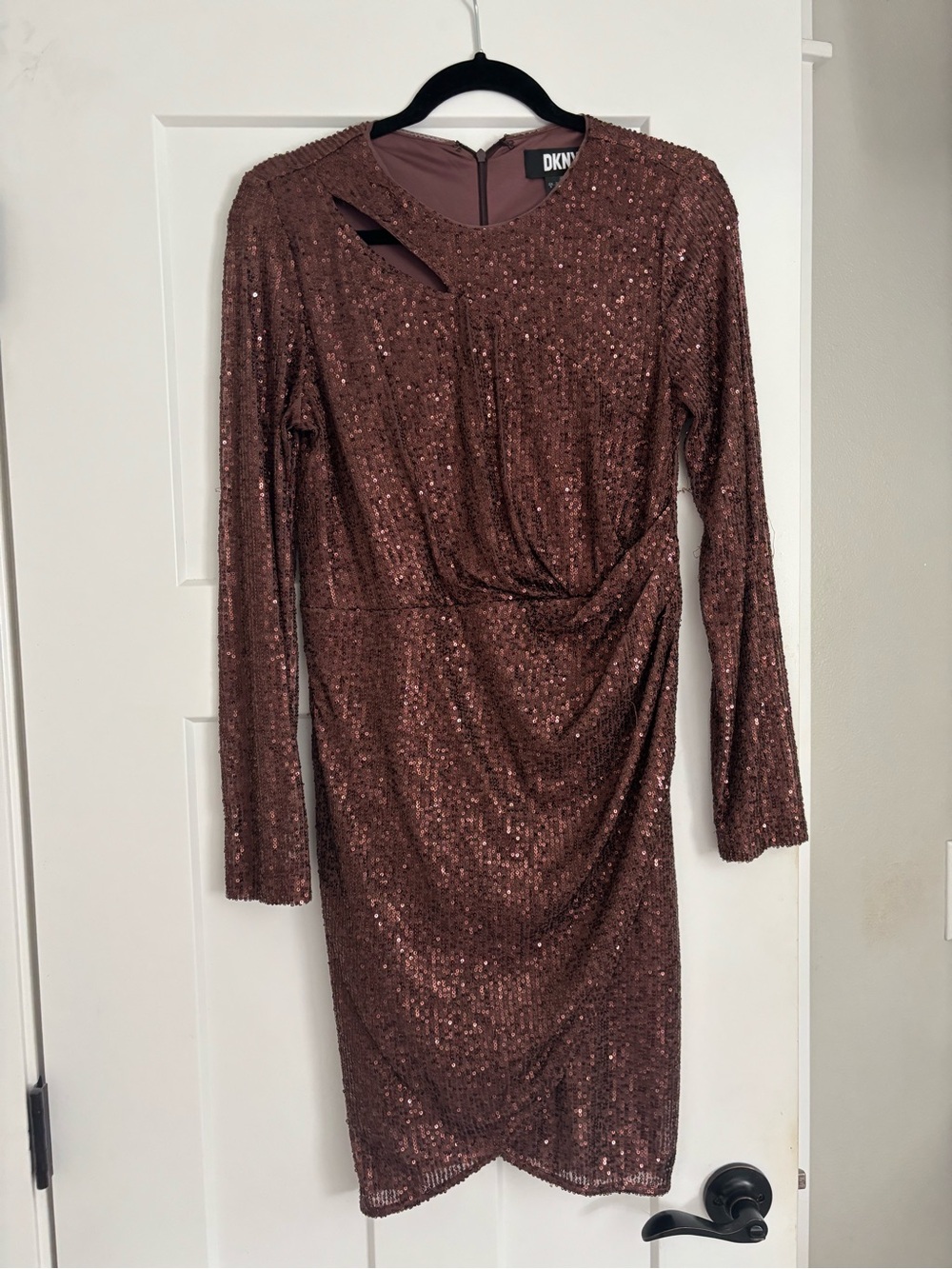 DKNY brown and Rose Gold Sequin Long-Sleeve Sheath Dress